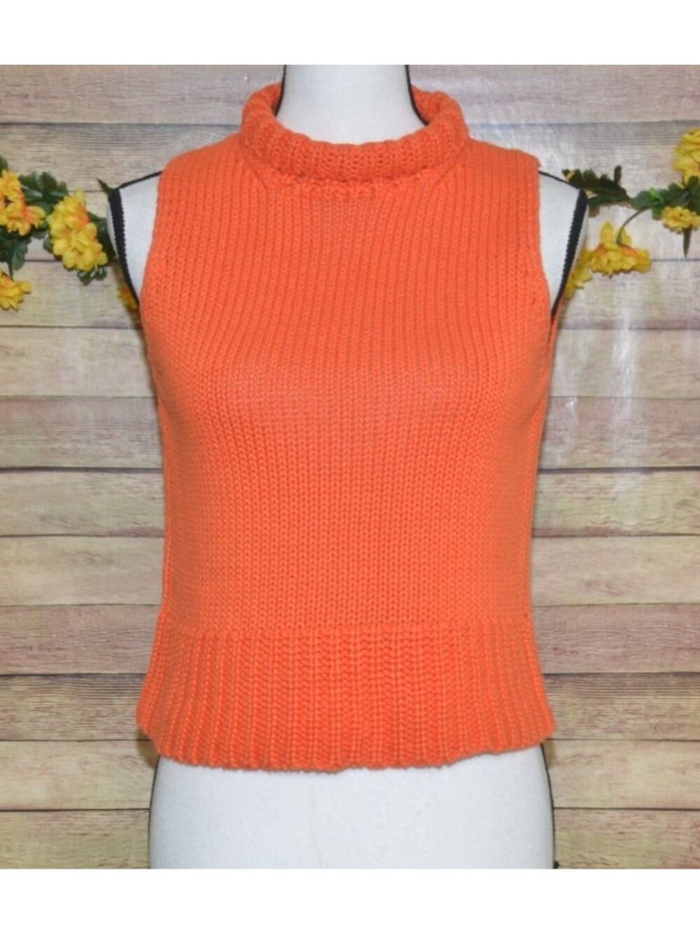 Express World Brand Y2K Orange Crop Sweater Sleeveless Mock Neck Ladies M Cotton